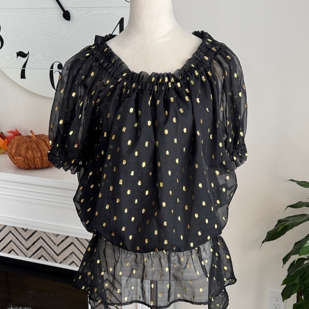 WD.NY Black Blouse with Gold Accents NWOT